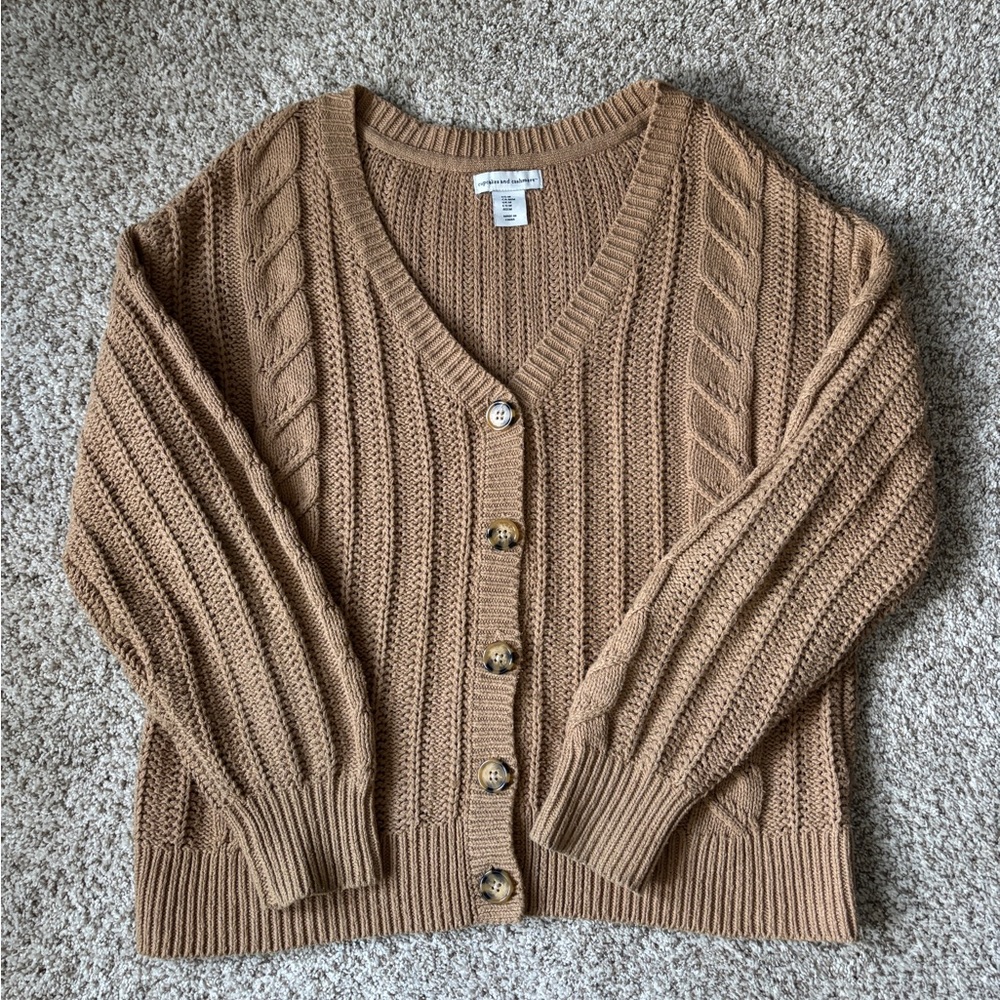 Cupcakes & Cashmere  Tan-Camel Cardigan Sweater Cable Knit Preppy Women’s Medium - Picture 2 of 8